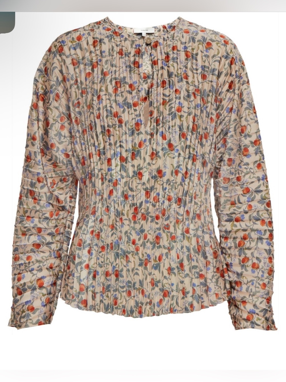 Vince Pomegranate Floral Petals Long Sleeve V-Neck Blouse in Chamois